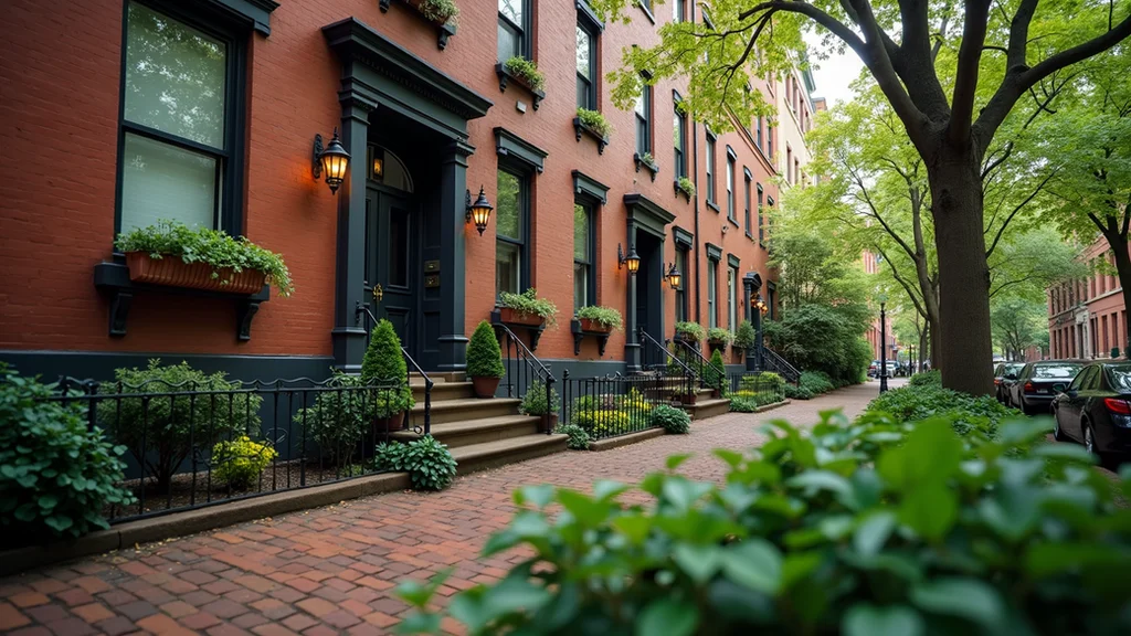 Eye-level view of a charming Boston brownstone with a well-kept front garden